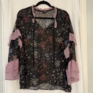 A.n.a Top Women’s 2X Red Black Dark Floral Tiered Bell Sleeves L Sheer Top Boho